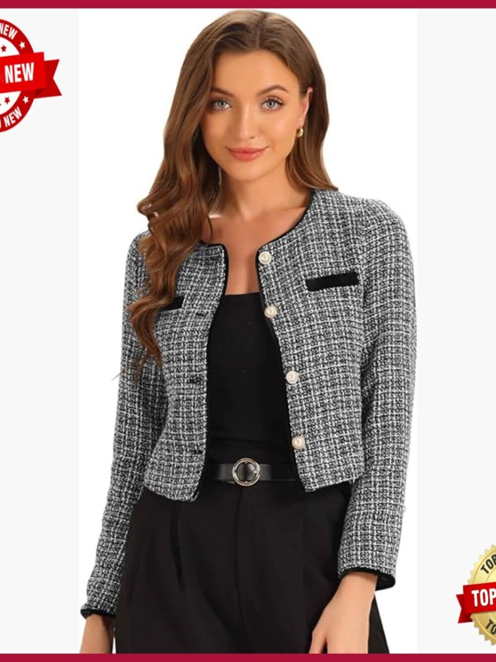 Tweed Cropped Blazer Collarless Button Down Vintage Business Casual Jacket